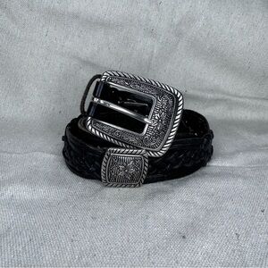 Vintage Concho Western Women’s Black Braided Leather SilverBuckle Belt Sz Small
